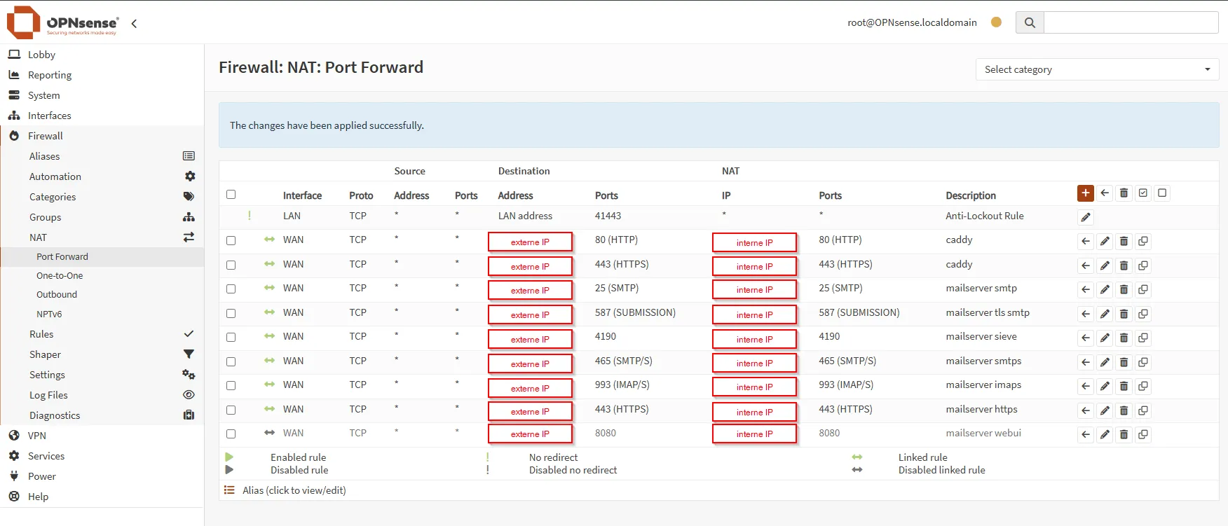 OPNsense NAT Port-Forward-Regeln für Stalwart